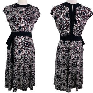 Tahari Arthur S. Levine Dress 6 Cap Sleeves Black Cream Wine Gray Belted